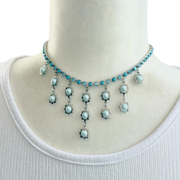 Vintage Jewelry - Vintage Y2K Blue Rhinestone Choker Necklace Floral Silver NOS